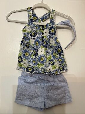 Max Studio Blue Floral Tank & Light Blue Eyelet Shorts Set With A Hat